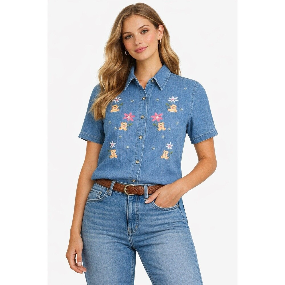 Vintage Joi Denim Teddy Bear Floral Embroidered Button Front Shirt Grandmacore M